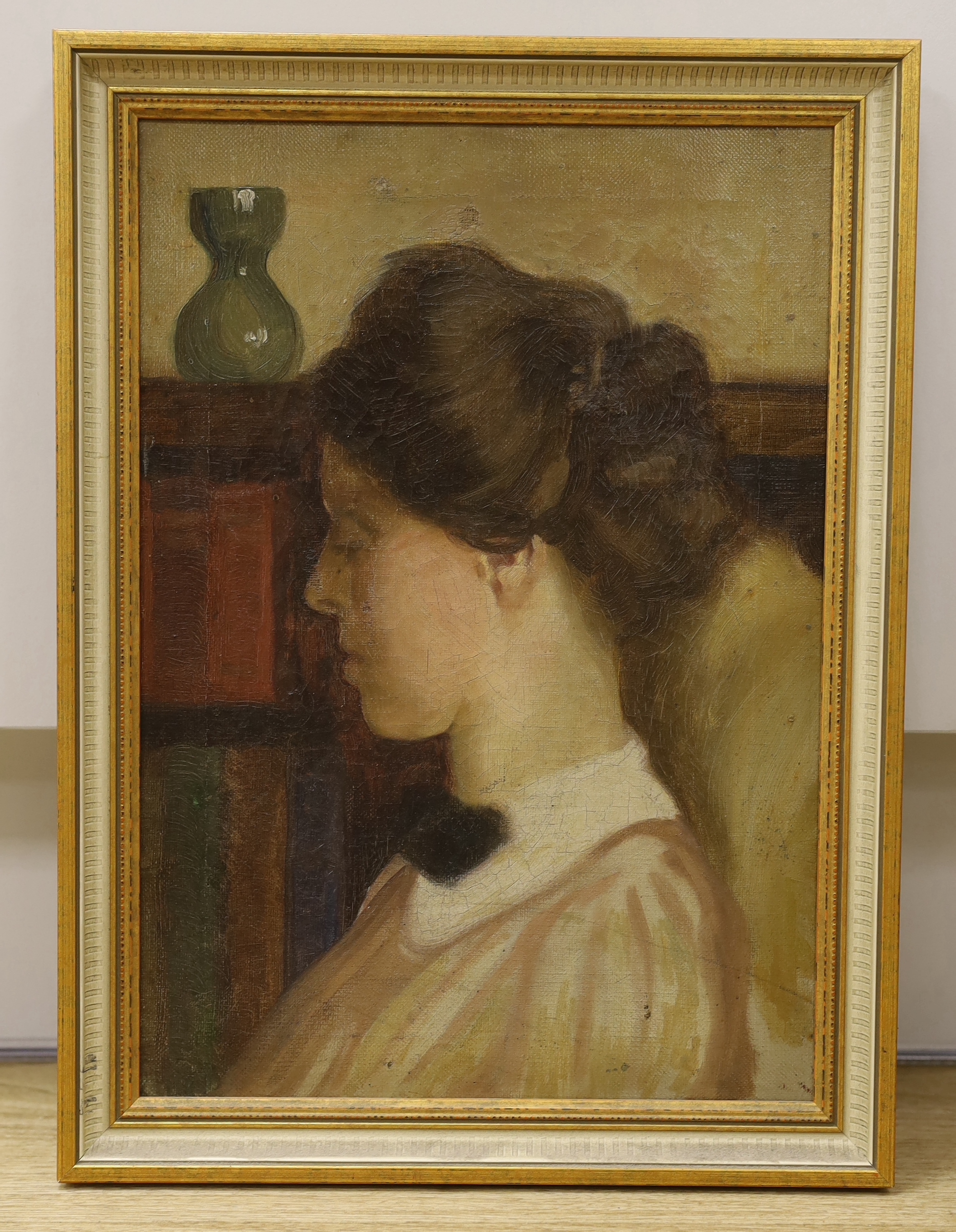 Modern British, oil on canvas, Portrait of a lady, 34 x 24cm